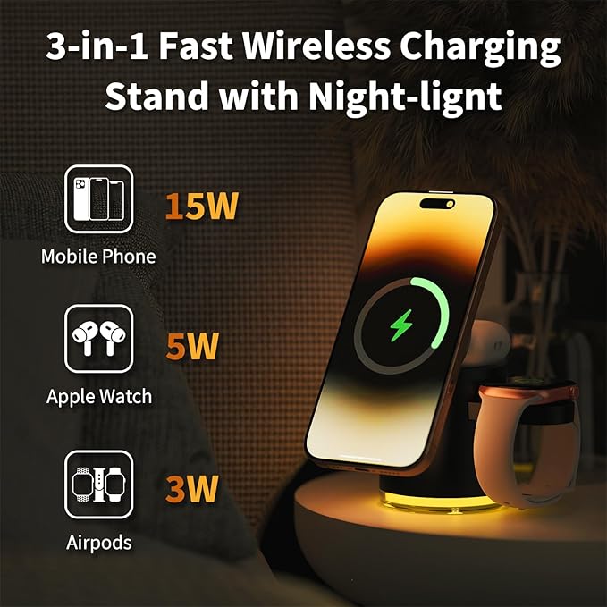 3 in 1 Wireless Charging Station,Qi2 Certified 15W Magnetic Wieless Charger with Night Light,for iPhone 12-17 Series,Apple Watch,Airpods (Black)