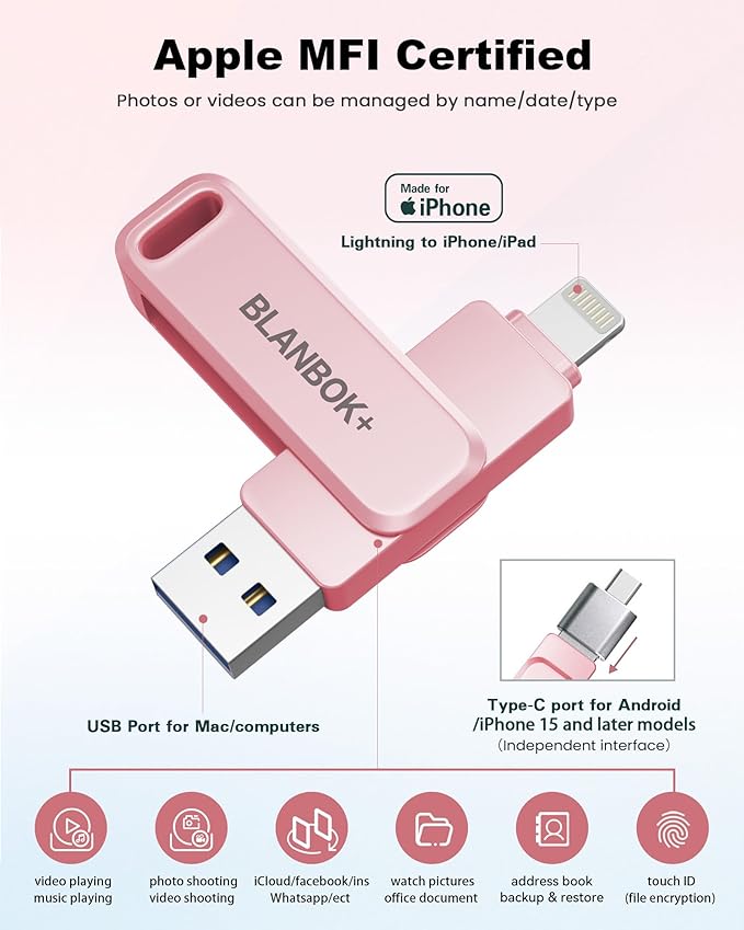 MFi Certified 256GB Flash Drive for iPhone Photo Stick, USB Memory Stick iPhone Flash Drive for Photos Videos, High Speed External Storage USB Stick Thumb Drive for iPhone/iPad/Android/PC(Rose Pink)