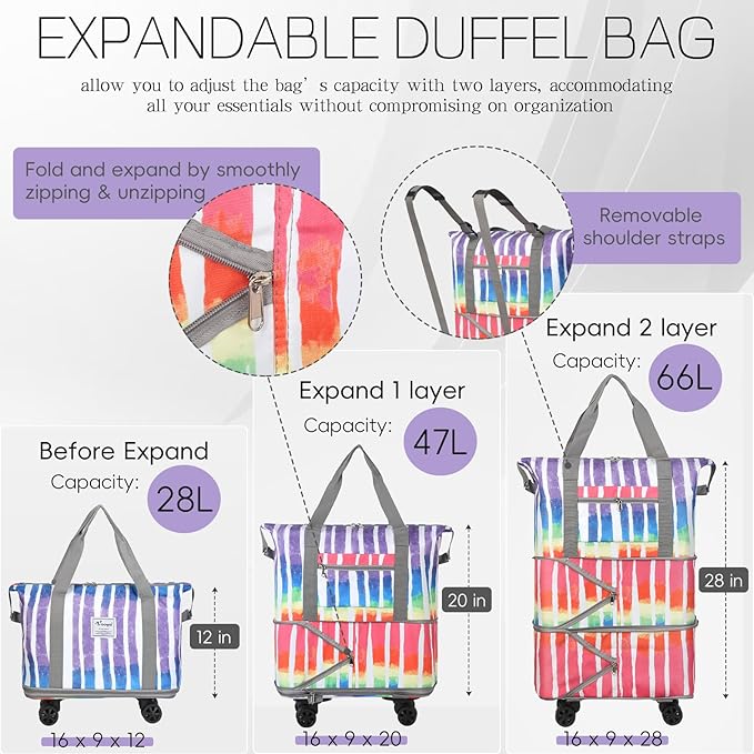 VOOWO Rolling Duffel Bag - Foldable Expandable Duffle With Wheels for Travel, Luggage Carry On, Large Backpack Weekend Bag for Men Women (Rainbow)