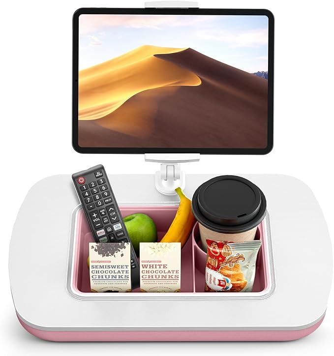 Lap Beanbag Tablet Pillow Stand with Snack Bowl and 360° Rotating Arm, Adjustable iPad Holder for Bed, Couch, and Recliner, Compatible with 4.7"-13" Kindle, iPad, Tablet, Phone,Pink