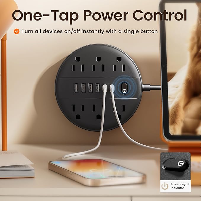 5 FT Surge Protector Power Strip, Extension Cord with Multiple Outlet, 6 AC Outlets, 4 USB & 2 USB C Ports & Control Switch, Portable Outlet Extender, Flat Plug, Wall Mount for Office Home Dorm,Black
