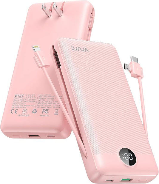 VRURC Portable Charger 20000mAh, Fast Charging Power Bank USB C,4 Output 2 Input Travel Essentials Charging Bank Equipped with LED Display,Built-in Wall Plug and Cables,Phone Charger Battery,Pink