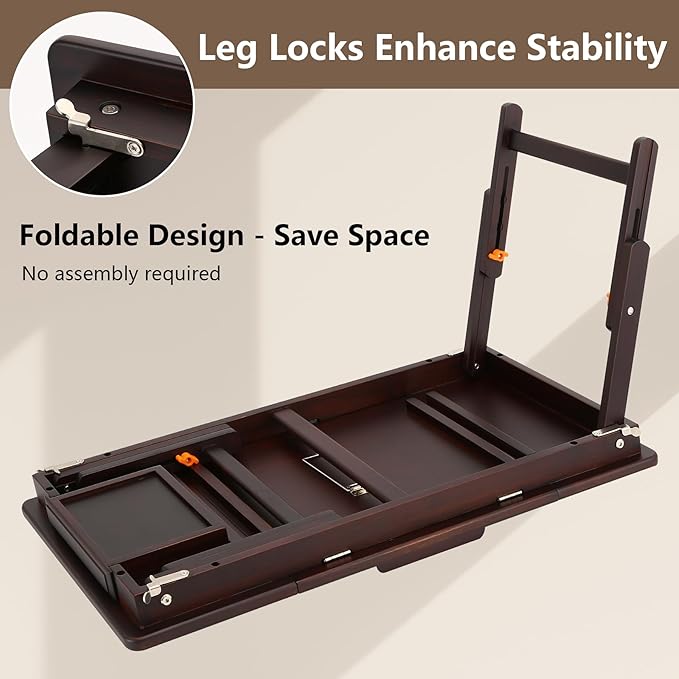 Nnewvante Laptop Bed Desk Bamboo Lap Table with Tablet Slot Height & Angle Adjustable Computer Lap Desk with Drawer Breakfast Serving Tray for Bed Floor, Black Walnut