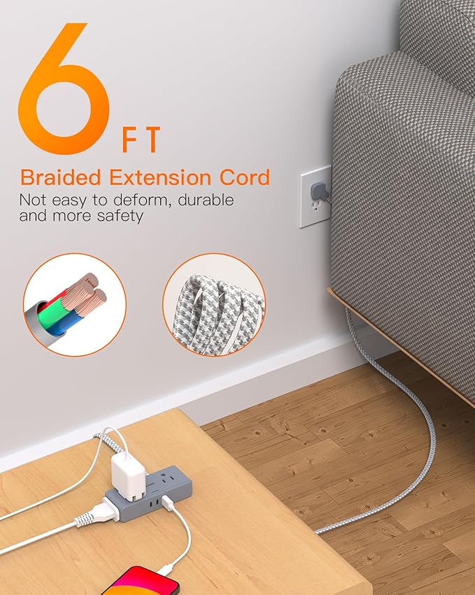 Flat Plug Power Strip 6 feet, 4 Widely Outlets with 3 USB Ports (2 USB C), 3 Side Outlet Extender with Extension Cord with Multiple Outlets for Home, Office, Dorm Room Essentials Gray