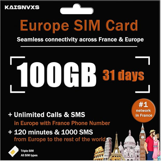 Prepaid SIM Card for Europe Travel with 100GB of 4G Data,Unlimited Calls and SMS in Europe with France Phone Number, 120 mins and 1000 SMS from Europe to Worldwide(Lasts for 31 Days),Tethering Allowed