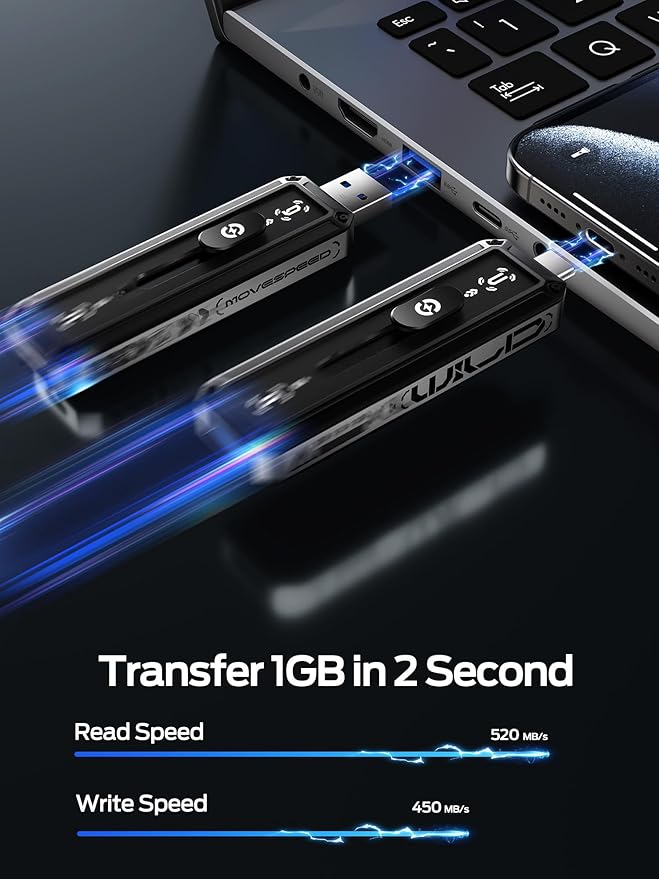 MOVE SPEED 128GB External SSD 520MB/s Read Speed, USB 3.2+USB C Dual Ports External Drive, Portable SSD 3-Stage Push-Pull Design for iPhone 15/16/17 Series/Mac/Android Phone etc
