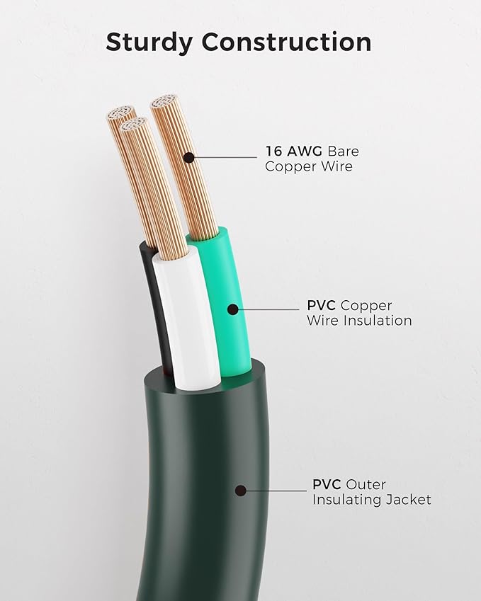 [UL Listed] Cable Matters 2-Pack 16 AWG Heavy Duty 13A Power Extension Cord - 10ft, 3 Prong Power Cord Extension, NEMA 5-15P to NEMA 5-15R, Green