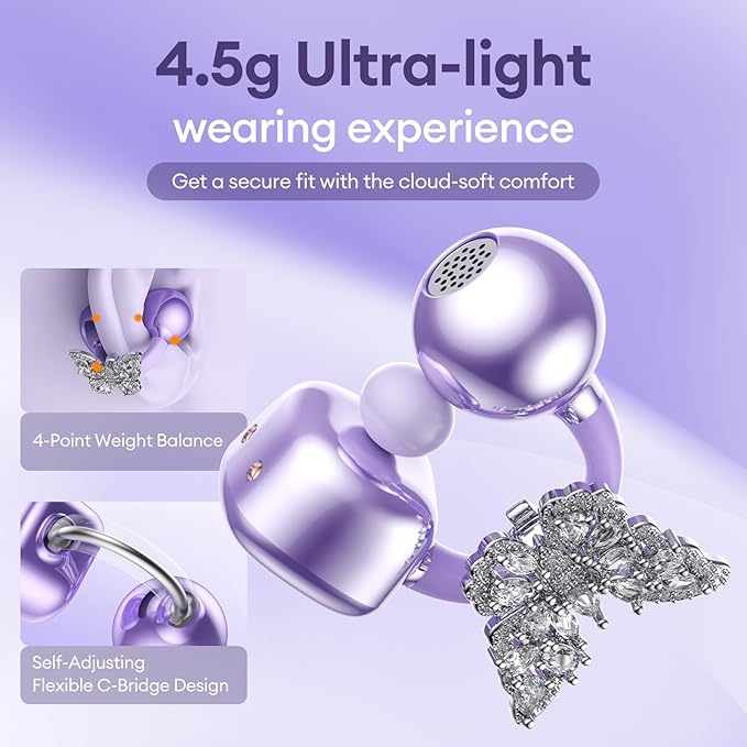 PAXA Bling Open Ear Clip On Earbuds with LED Display & Crystal Butterfly Earrings, Comfort Bluetooth 5.4 Wireless Ear Buds 50H Playtime for Women Girl Work, Fitness, Daily Wear, Gift, Purple