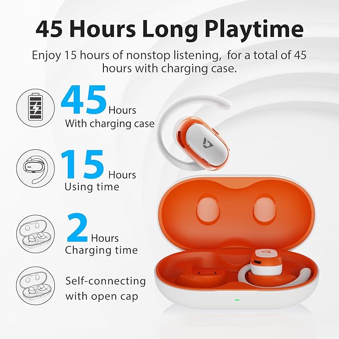 1Mii Open Ear Headphones, Wireless Sports Earbuds 60 Hours Long Playtime with Charging Case (White&Orange)