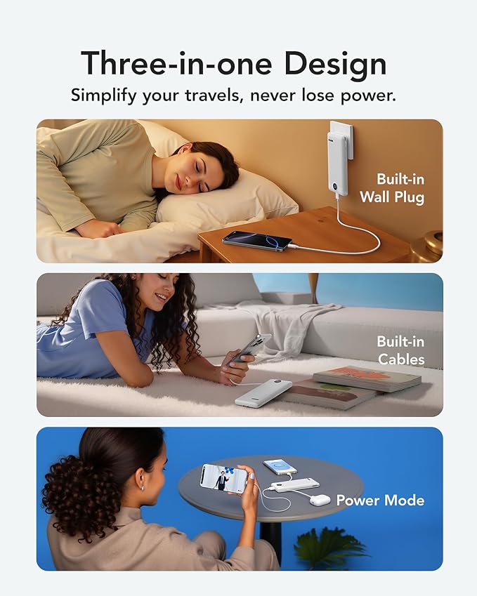 VRURC Portable Charger with Wall Plug, 10000mAh Slim Portable Charger Built in Cables,PD 20W Fast Charging Power Bank with Cords,USB C Portable Phone Charger Travel Accessories -White(1 Pack)