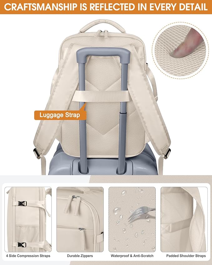 Capolo Travel Backpack for Women Men Waterproof Laptop Backpack Airlines Approved Carry On Backpack Bag Computer Bookbag for Business, Work, Traveling Fits 15.6 Inch Laptop(Beige)