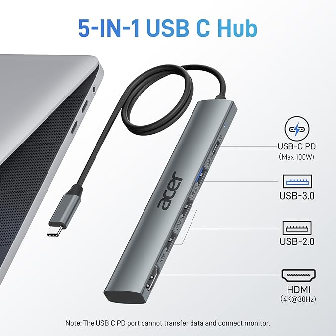 Acer USB C Hub 5 in 1 with 4K HDMI, 100W Power Delivery, 3 USB A Data Ports, USB C to HDMI Multiport Adapter for Laptop, PC, Tablet, MacBook Pro/Air, iPad Air/Pro, iMac, iPhone 15/16 Pro/Pro Max (2ft)