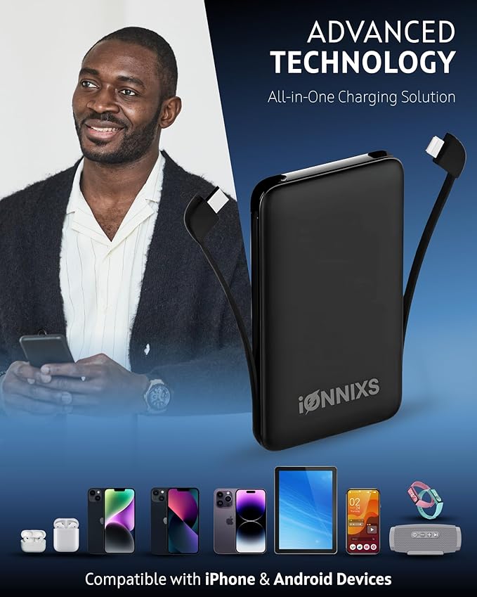 C-1019 Portable Charger with Built in Cable - 10000mAh Ultra-Slim Portable Charger Power Bank with USB-C Cable, Lightning Cable - Fast Charge 20W - LED Battery Indicator (Black, 10.000mAh)