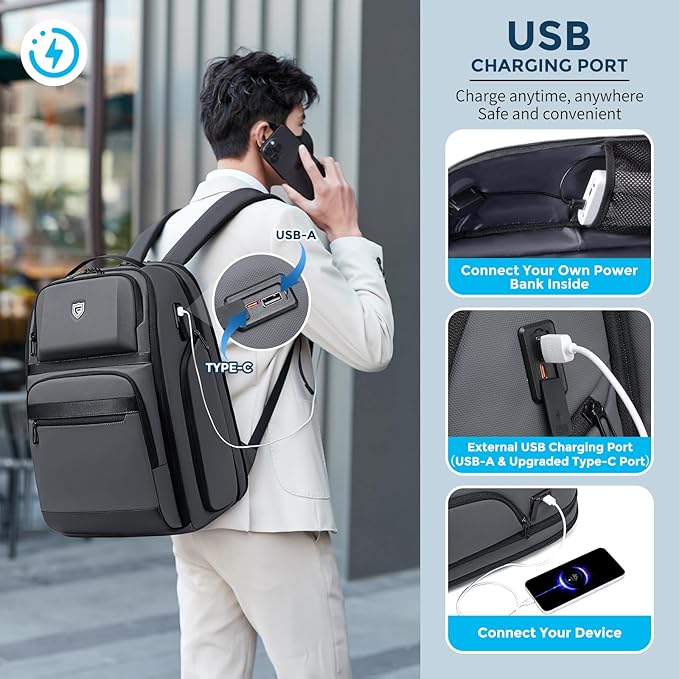 Grey Business Backpack for Men, Fits 17 Inch Laptop Water Resistant 45L Travel Bag with USB Charging Port, Expandable Men's Backpack for Work/College/Commuter