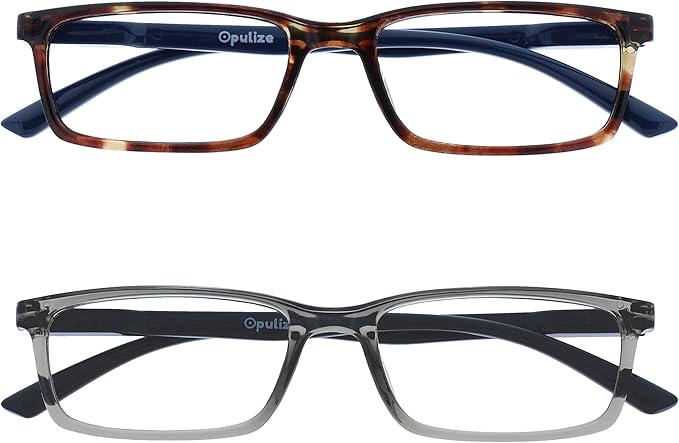 OPULIZE SEE Reading Glasses with Blue Light Blocking for Women and Men, Narrow Frame, Spring Hinges, Computer Gaming Glasses, Brown,Grey +3 (Pack of 2)