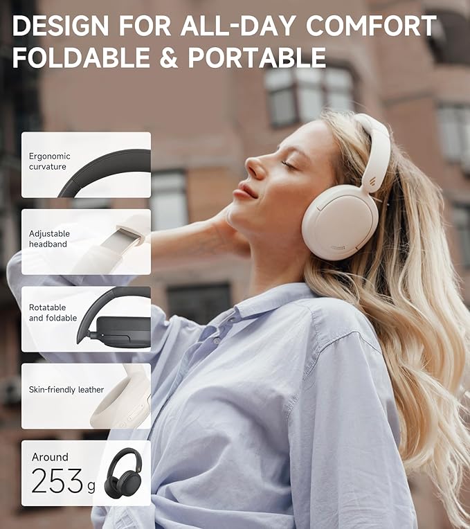 Edifier W800BT Pro Hybrid Active Noise Cancelling Headphones - Hi-Res Audio - AI Call Noise Cancellation - 45H Playtime - Fast Charging - Foldable - Wireless Over-Ear Bluetooth 5.4 Headphones - Ivory