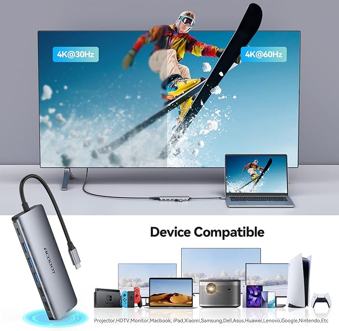 USB C Hub, Acodot 9 in 1 USB C to 4K@60HZ HDMI Multiport Adapter, 3 USB 3.0 Ports, SD/TF Card Reader, 100W PD, Desigend for MacBook Pro Air HP XPS and Other Type C Devices