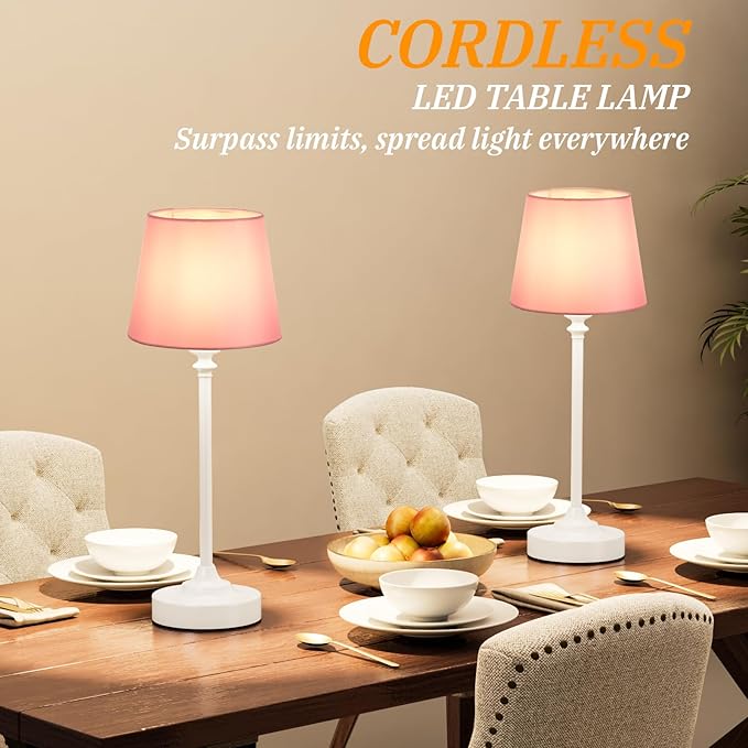 Cordless Table Lamps Rechargeable Set - 2 Pack White 4000mAH Battery Operated Lamps for Decor, 3000K Stepless Dimming Touch Control Wireless Lamps for Bedroom, Dining Table, Living Room, Pink Shade