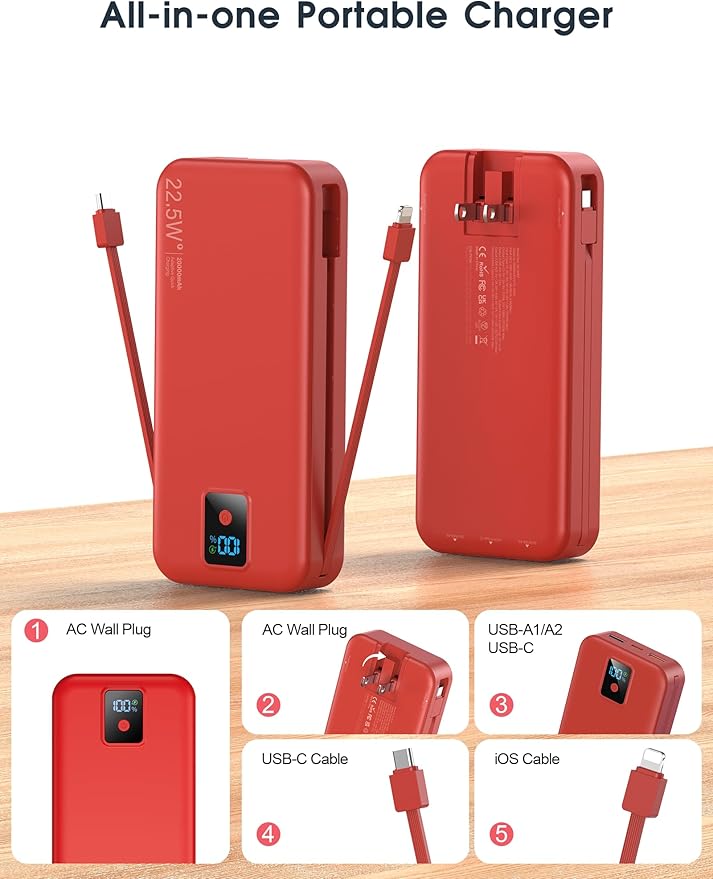 Portable Charger, 20000mAh 22.5W Fast Charging Power Bank with Built-in Cables & Wall Plug, Travel Essential Battery Pack with LED Display, USB C Battery Phone Charger for iPhone, iPad, Samsung Red