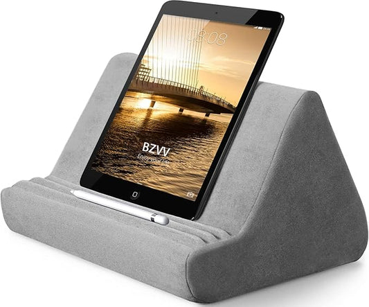 Soft Tablet Stand Pillow with Pocket,Adjustable 3 Viewing Angle,Lazy Holder for Bed Sofa,Compatible with iPads Tablets eReaders Smartphones Books Magazines (Dark Gray)
