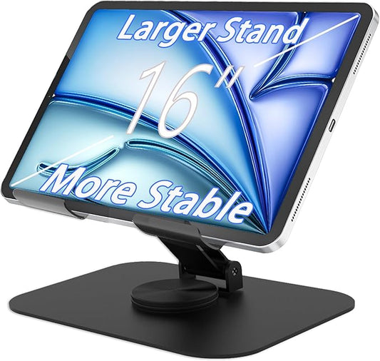 Larger Metal Tablet Stand, Adjustable 360° Rotation Tablet Holder Compatible with 4-16" Tablet Such as iPad Pro, iPad Air, iPad Mini, Tab S10 Ultra, Black