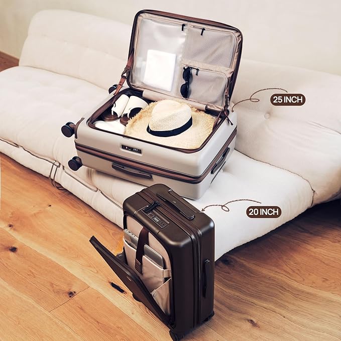 NINETYGO Medium Checked Luggage 25 Inch, Flat Top Opening Checking In Luggage with Cup Holder, Expandable, Coffee-Infused PC Hard Shell, Eco-Friendly, TSA Lock, 360° Spinner Wheels (Oats White)