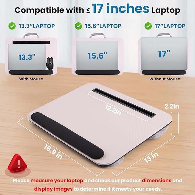Lap Desk, Portable Lap Desks Fits Up to 16'' Laptop with Pillow Cushion Laptop Desk with Wrist Rest Lap Stand with Tablet or Phone Storage Slot for Bed Couch Carpet Home Office Livingroom (Pink)