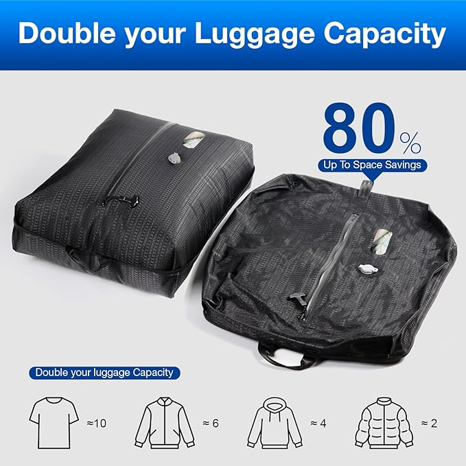 Vacuum Travel Bags with Pump Wireless, Reusable Compression Bags for Travel, Double Layer Travel Vacuum Bags for Luggage with IP67 Waterproof, Vacuum Seal bags for Clothing travel, 45L 1PC NO Pump