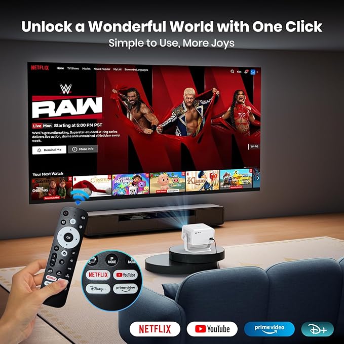 Projector [NetfIix Official/Auto Focus/360° Rotatable Stand] 4K Projector with Wifi and Bluetooth 1080P Native, One-Click Use Built-in NetfIix/YouTube/PrimeVideo/D+, Smart Home Outdoor Projector Gery
