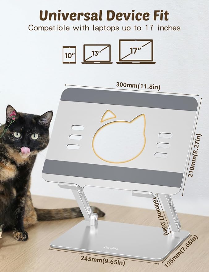Laptop Stand for Desk – Portable Adjustable Laptop Riser & Holder, Foldable Computer Stand Compatible with MacBook Air Pro, Dell, HP, Lenovo (10"-17.3"), Featuring Cat Panel Design, Silver
