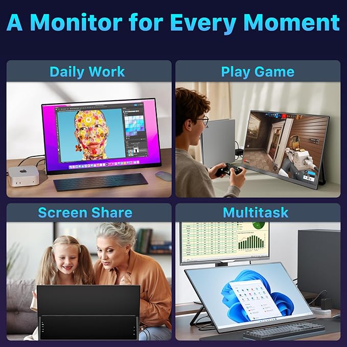 Portable Monitor 23.8" 4K 3840X2160 144% sRGB 60Hz IPS HDR HDMI USB-C Travel Monitor for Laptop MacBook PC Surface PS5 Xbox, Large External Display with Kickstand & Speakers, VESA Compatible