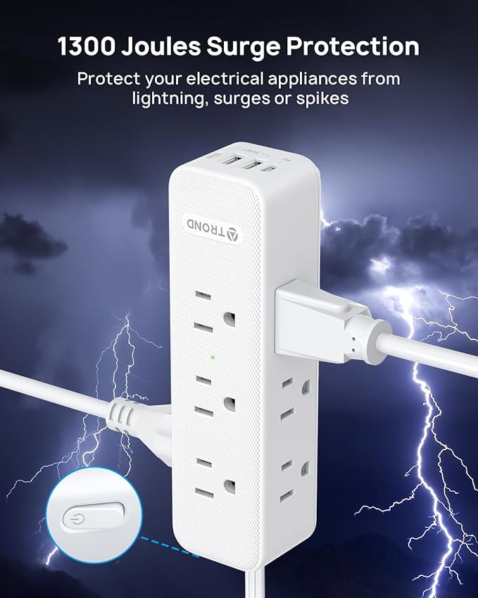 TROND Surge Protector Power Strip: 9 Widely Spaced AC Outlets with 20W USB C Charger Power Strip, 15ft Flat Plug Extension Cord, Wall Mount, Desk Charging Station, Hotel Dorm Room Essentials, White