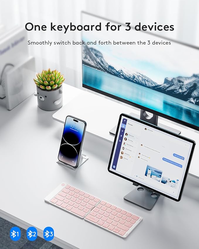 Samsers Bluetooth Foldable Keyboard - Wireless Portable Folding Keyboard, Full-Size Ultra-Slim Rechargeable Connect Up to 3 Devices for iOS, Android, Windows Phone, Tablet, Laptop - Pink