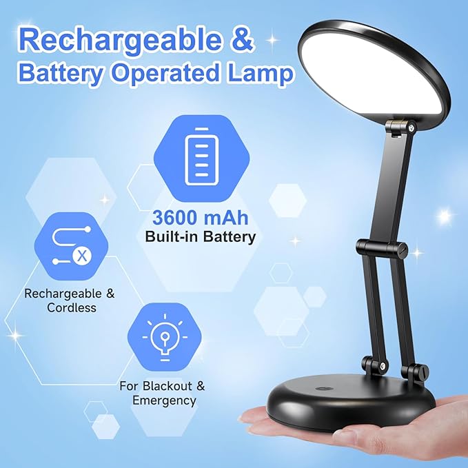 Small Desk Lamp for College Dorm Room Rechargeable 3600mAh, Foldable+Cordless Table Lamps Battery Powered Lights, Portable & Dimmable Desk Lamps for Home Office, 9 Brightness LED Desk Light Dorm Lamp