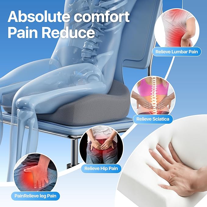 Seat Cushion, Extra Large Memory Foam Cushion for Office Chair Cushions, Ergonomic Cushions Pad Pillow for Pressure Relief Sciatica & Pain Relief for Long Sitting, Grey