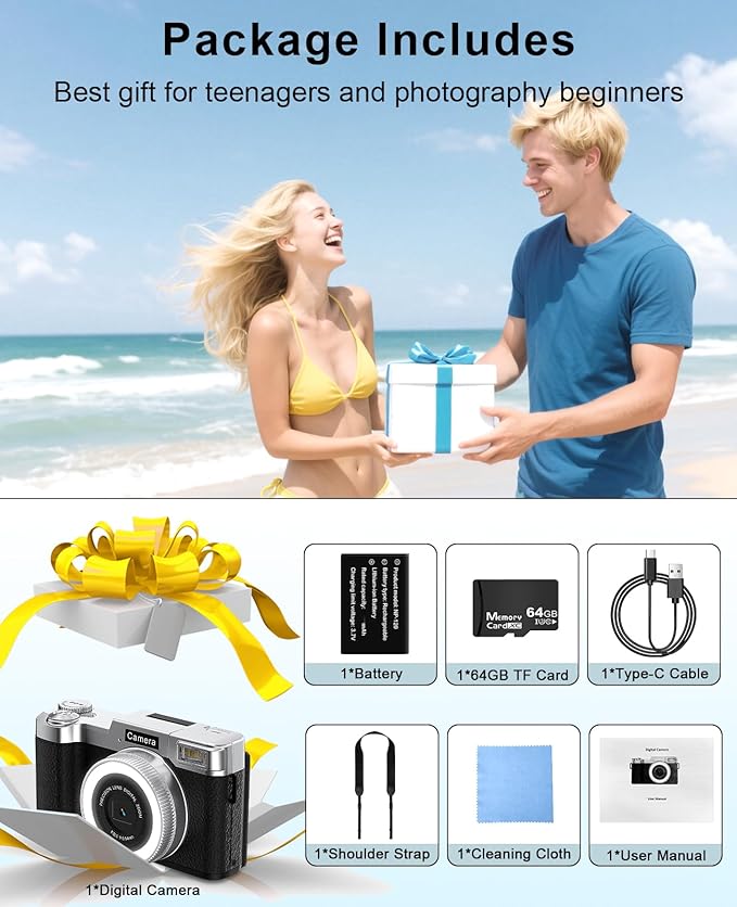 FLATIC Digital Camera, 4K 64MP Cameras for Photography with 64GB Card, 18X Zoom Autofoucs Vlogging Camera for YouTube with 180° Flip Screen, Compact Vlog Travel Camera Kit for Beginner, Teens