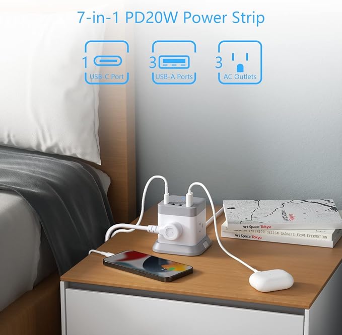 BESTEK Power Strip with USB, Vertical Cube Mountable Power Outlet Extender with 3 Outlets, 3 USB & 1 USB-C PD20W Ports, 5 Feet Extension Cord Flat Plug and Detachable Base for Easy Mounting