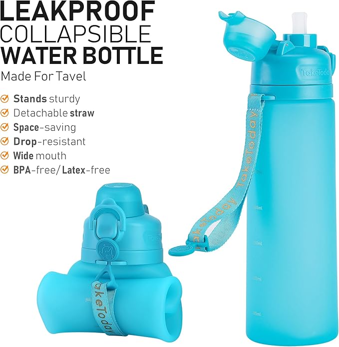 TakeToday Collapsible Water Bottles 20oz, Leak Proof, BPA-Free, Foldable Silicone Travel Water Bottle with Straw Strap for Cycling, Hiking, Outdoors