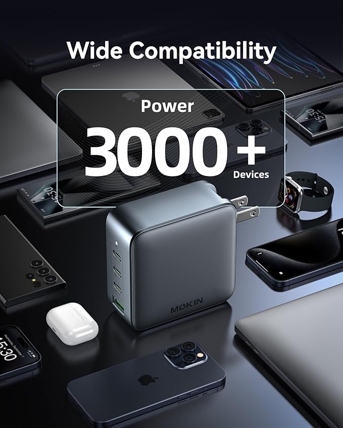 100W USB C Wall Charger Block, 4-Port PD3.1 GaN Foldable Compact PPS Fast Laptop Charger Power Adapter for MacBook Pro/Air, Dell XPS, iPhone 17/16 Pro, iPad Pro, Galaxy S25/S24, Steam Deck, and More