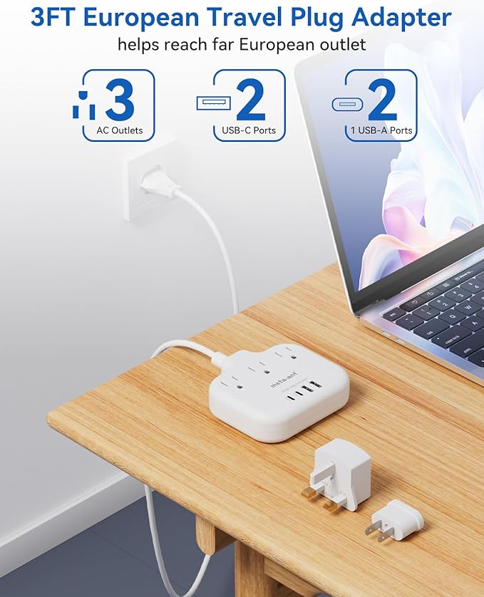 European Travel Plug Adapter, US to European Plug Adapter with 3 American Outlets & 4 USB, 3ft European Power Cord, International Travel Power Strip, Type C for Europe EU Germany France, Travel, White