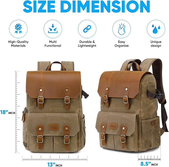 JAEP Camera Backpack - Weather Resistant 16 Ounces Waxed Memory Canvas – DSLR SLR Backpacks with 15.6” laptop sleeve compartment and Tripod Holder for Photographers -Vintage leather Style (Khaki)