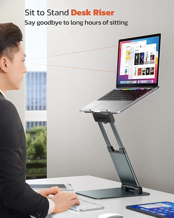 Sit to Stand Laptop Stand, Promote Healthy Posture, Ergonomic Standing Computer Stand, Tall Height Adjustable Laptop Riser, Reduce Neck Pain Compatible with MacBook Air Pro, All Laptops 10-17"-Gray