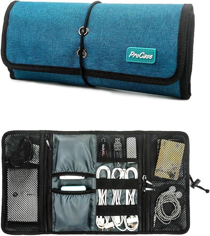 ProCase Electronic Organizer Cord Pouch, Travel Cable Charger Phone Accessories Bag Organizer Roll up Tech Carrying Case for USB Cables SD Memory Cards Earphone Flash Hard Drive -Green