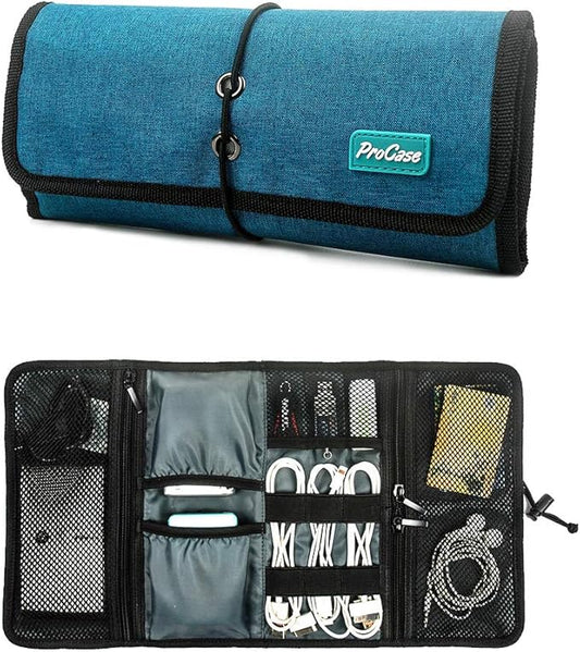 ProCase Electronic Organizer Cord Pouch, Travel Cable Charger Phone Accessories Bag Organizer Roll up Tech Carrying Case for USB Cables SD Memory Cards Earphone Flash Hard Drive -Green