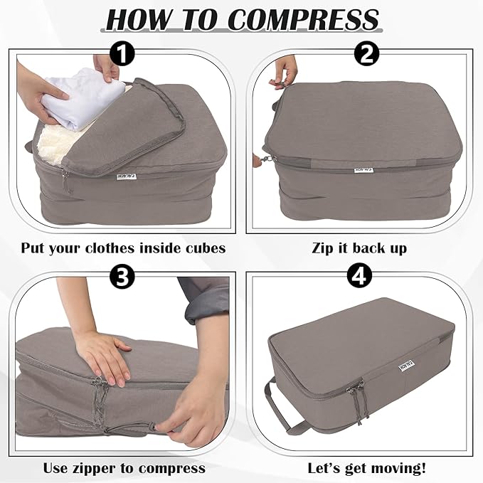 Large Compression Packing Cubes for Travel Accessories, 2 Set Compression Bags Travel Cubes for Packing Suitcase Luggage Organizer Bags Set, Khaki