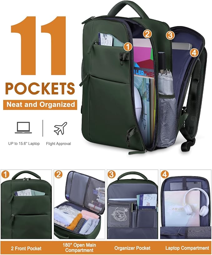 Capolo Travel Backpack for Women Men Waterproof Laptop Backpack Airlines Approved Carry On Backpack Bag Computer Bookbag for Business, Work, Traveling Fits 15.6 Inch Laptop(Green)