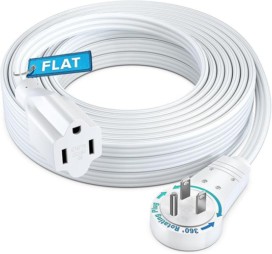 Maximm 360 Rotating Slim Flat Plug Extension Cord - 25ft, Low Profile Under Carpet (White)