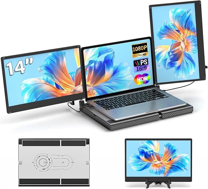 Laptop Screen Extender, Ultra-Thin 14.2" FHD IPS Dual Screen, Portable Monitor for Laptop 13–17.3" with USB-C/HDMI Port, Plug & Play for Windows/Mac/Android/PS5