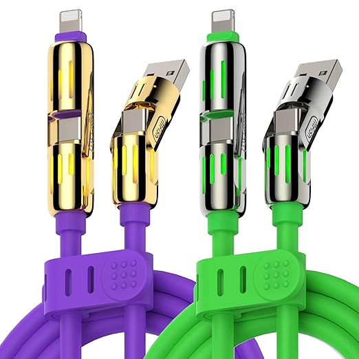 MFish 240W 4-in-1 Universal USB Charging Cable [2 Pack, 6.6ft] – Fast Charger Cord with USB-A, Dual USB-C & Lighting, for iPhone 14/15/16/17 Series, iPad & MacBook & More (2PACK, Purple+Green, 6.6Ft)