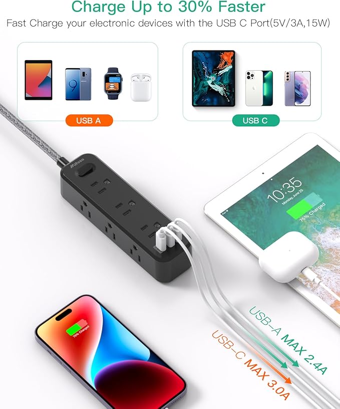 Black Extension Cord 10FT, Surge Protector Power Strip, Long Extension Cord with 9 Outlets 3 USB Ports, Extension Cord with Multiple Outlets, USB Power Strip for Home, Office, Dorm Room Essentials